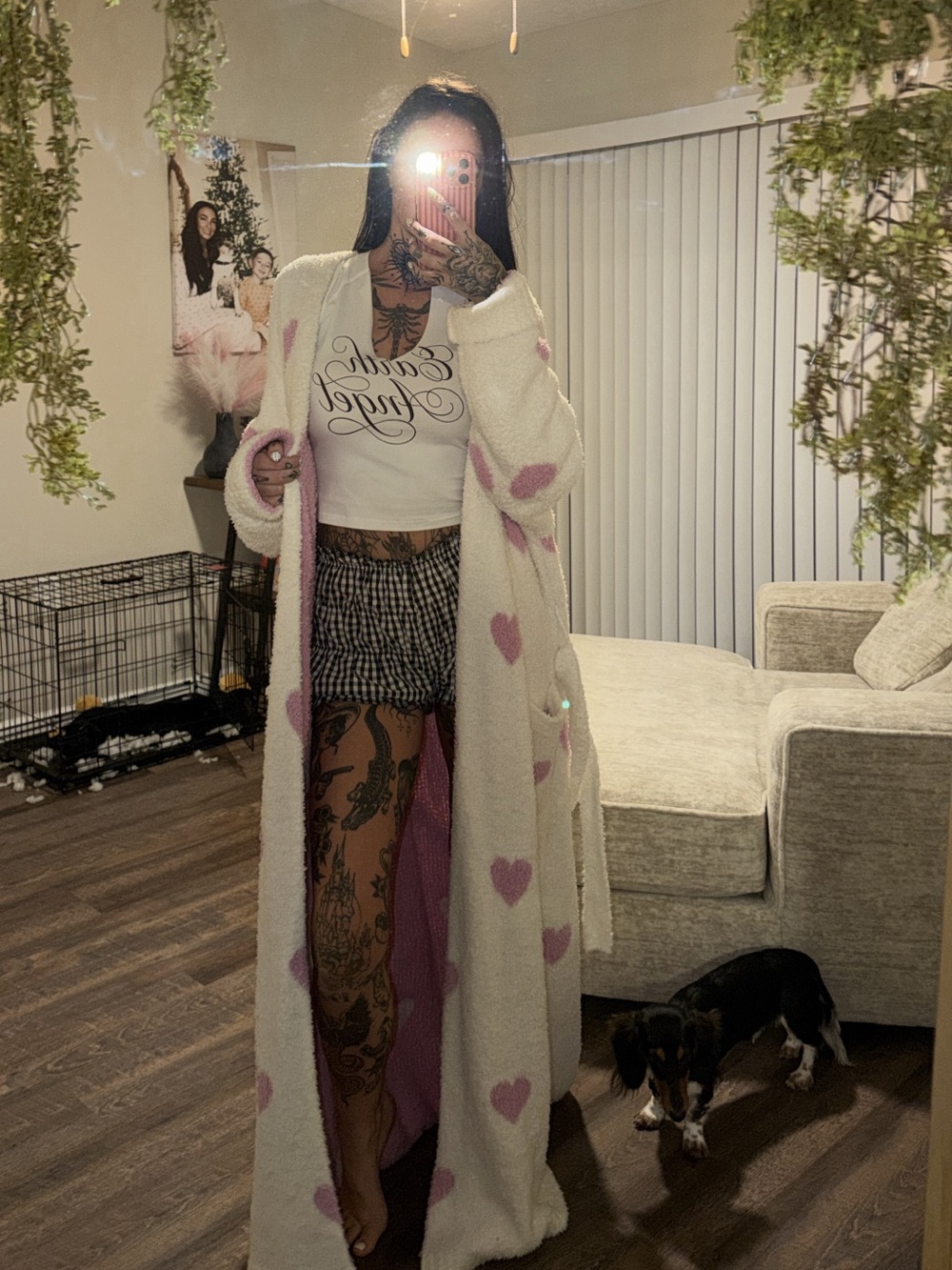 Cozy Long Heart Print Fuzzy Robe - Cream & Pink